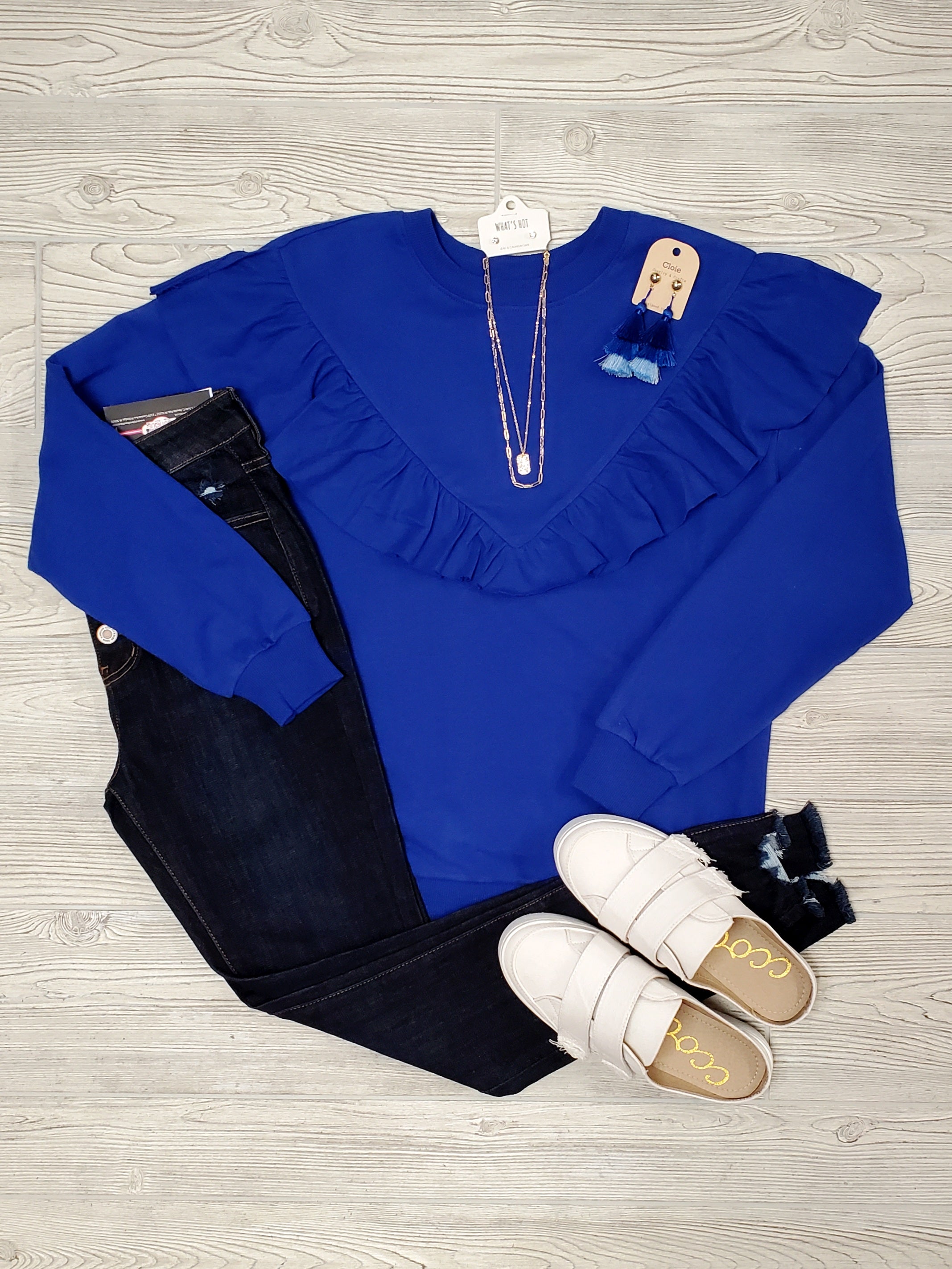 Shannon Ruffle Accent Crewneck - Cobalt Blue – Katy Lynn Boutique