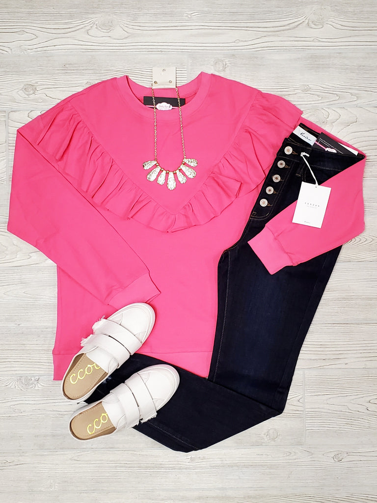 Shannon Ruffle Accent Crewneck - Hot Pink
