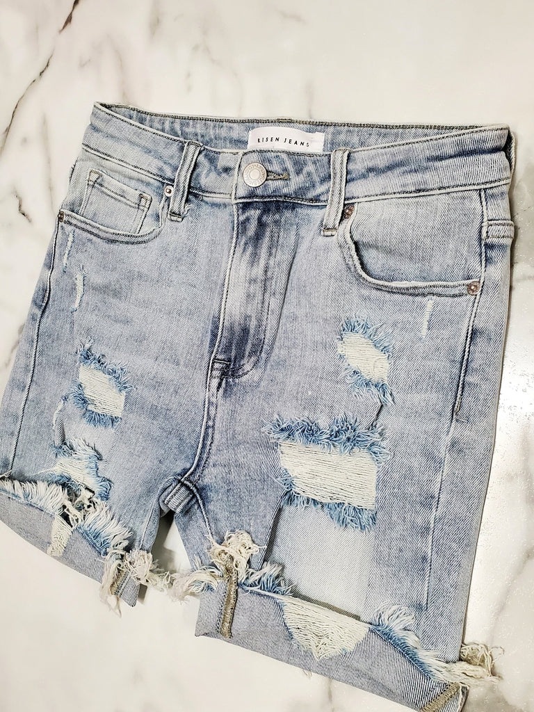 Angela Ice Blue Distressed Shorts