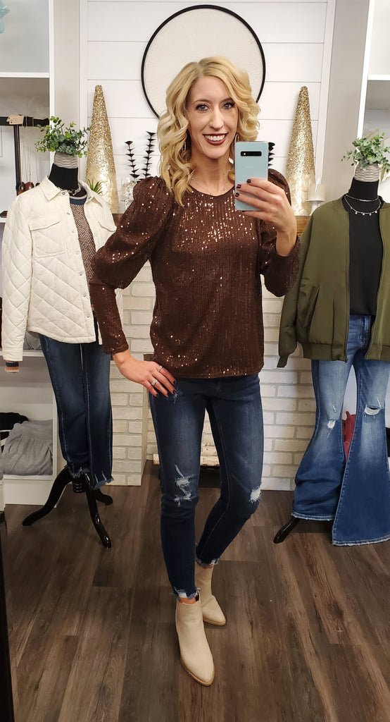 Sadie "Puff" Sleeve Sequin Blouse - Mocha