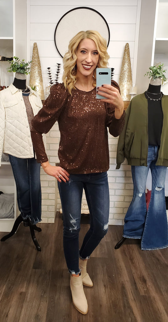 Sadie "Puff" Sleeve Sequin Blouse - Mocha