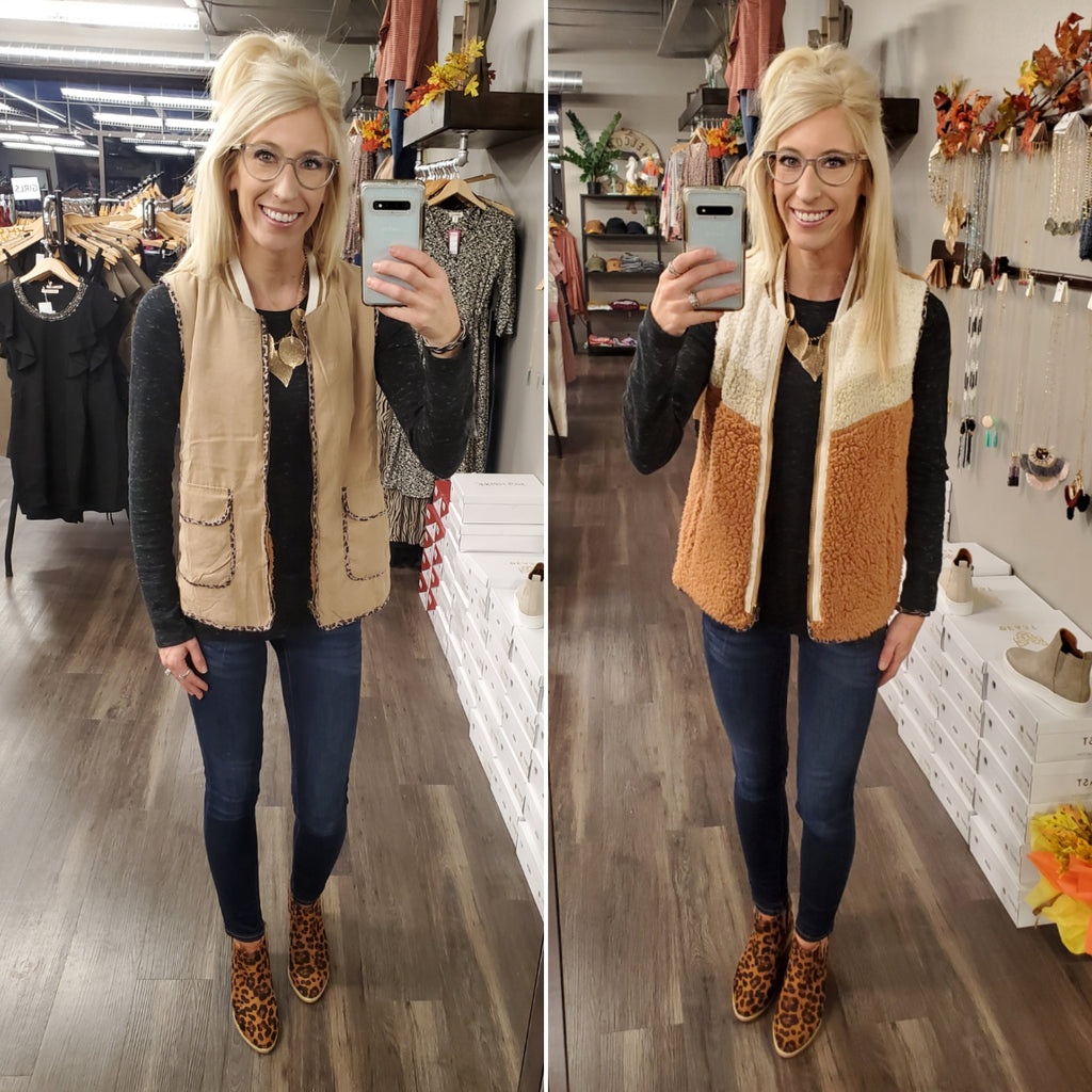 Cami Leopard Accent Reversible Sherpa Vest