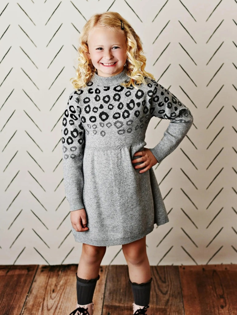 Kid's A-Line Dress Gray and Deep Gray Leopard Wool Knit Jacquard