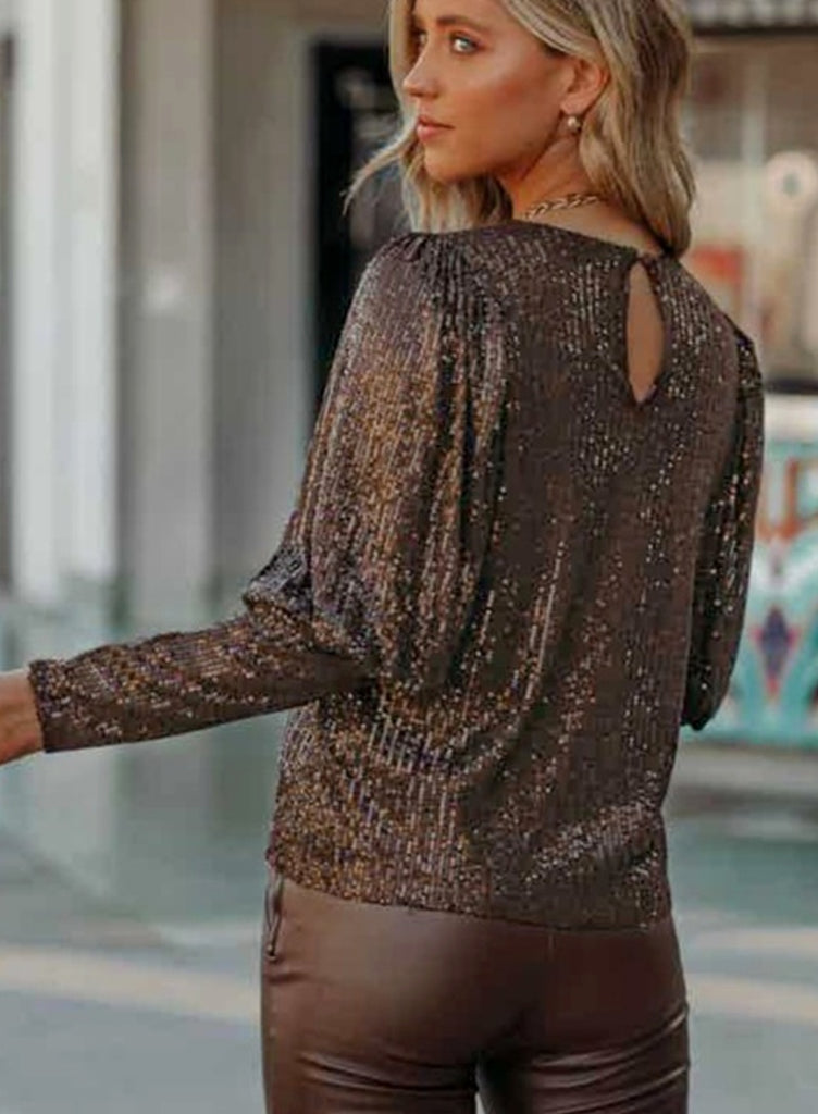 Sadie "Puff" Sleeve Sequin Blouse - Mocha