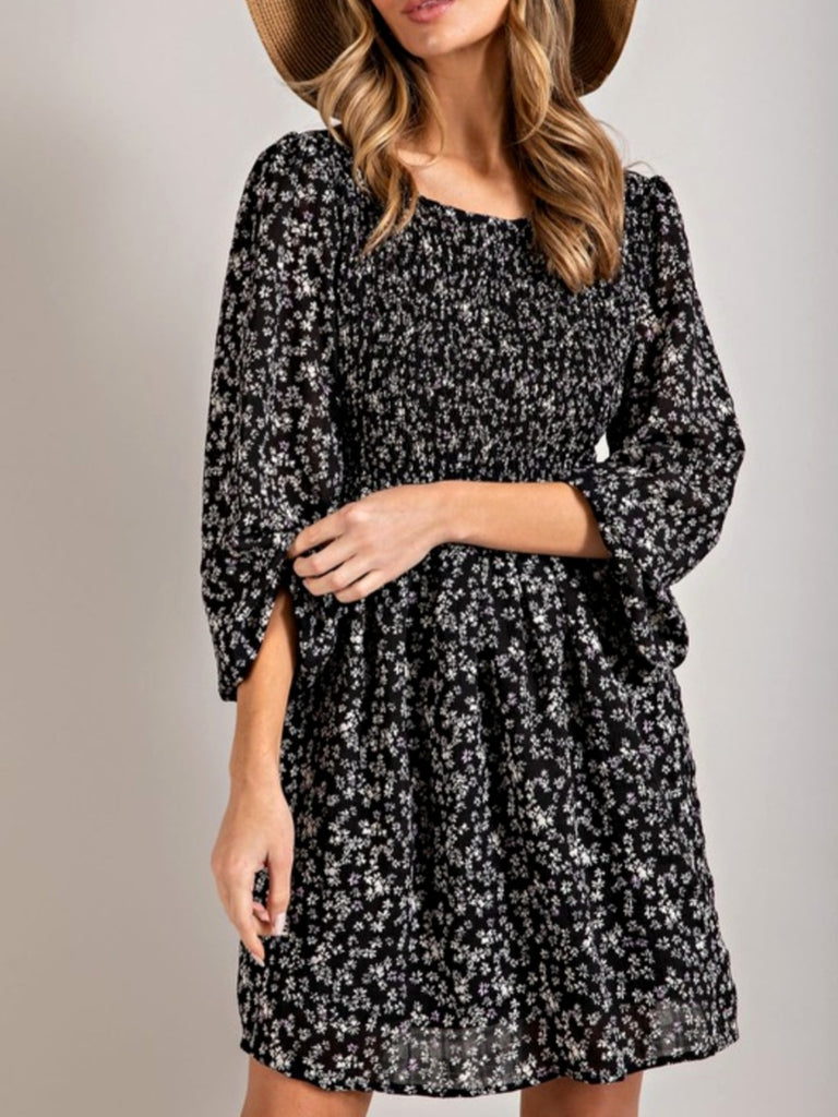 Tasha Floral Dress with Puffed Sleeve - Black