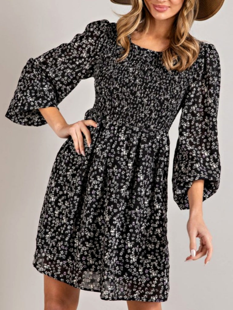 Tasha Floral Dress with Puffed Sleeve - Black