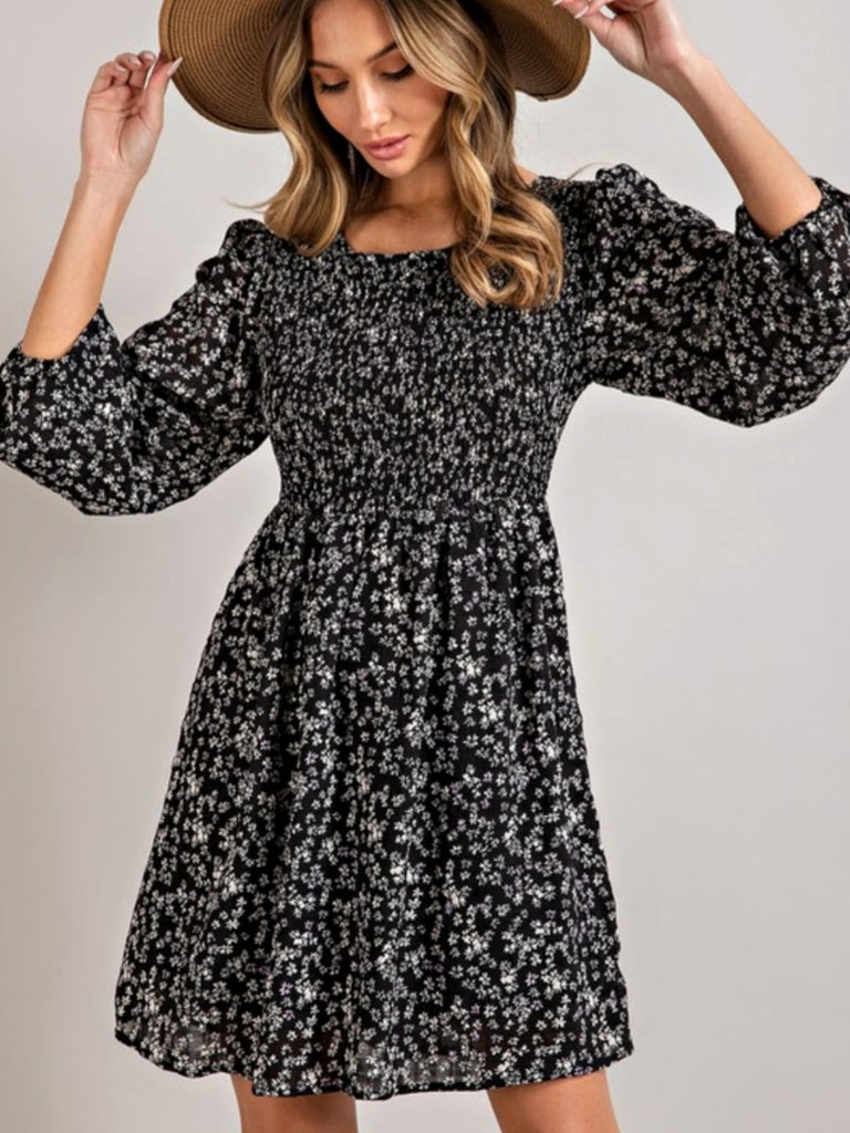 Tasha Floral Dress with Puffed Sleeve - Black