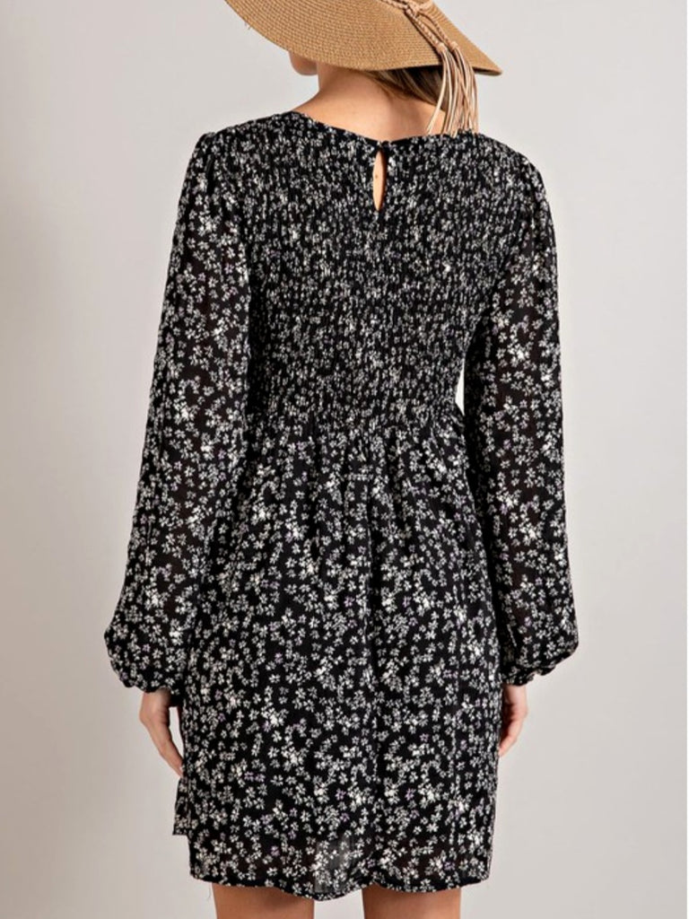 Tasha Floral Dress with Puffed Sleeve - Black