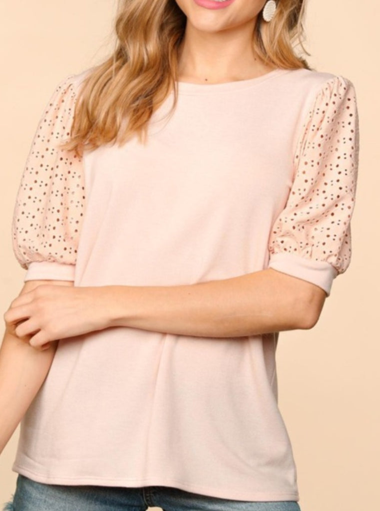 Rachel Eyelet Puff Sleeve Top - Blush