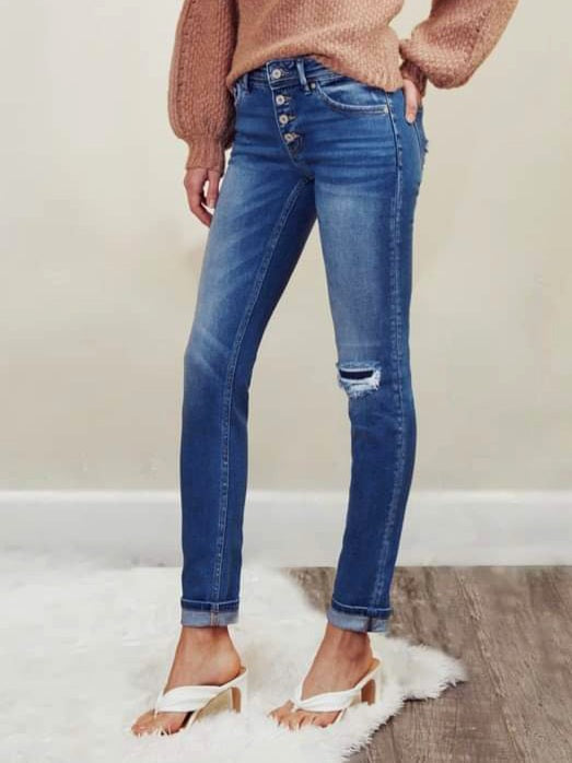 Harrison Mid-Rise Cuffed Straight Leg Denim - Mid Wash