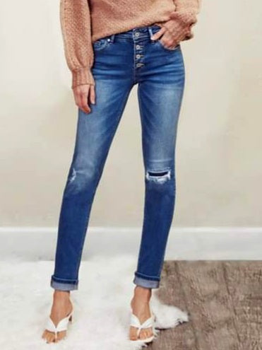 Harrison Mid-Rise Cuffed Straight Leg Denim - Mid Wash